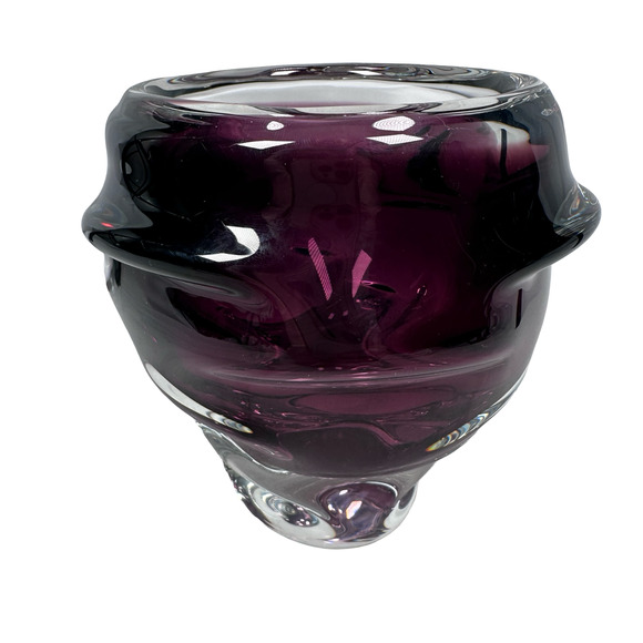 Vintage Bohemian Art Glass Vase 5" Clear Cranberry Amethyst Heavy Abstract Solid - Picture 3 of 10